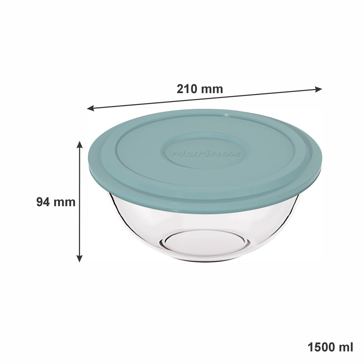 MARINEX GLASS MIXING BOWLS WITH COLOURED PLASTIC LIDS, 1.5L