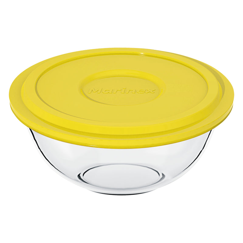 MARINEX GLASS MIXING BOWL WITH COLOURED PLASTIC LID, 1.5LT (94X210MM DIA)