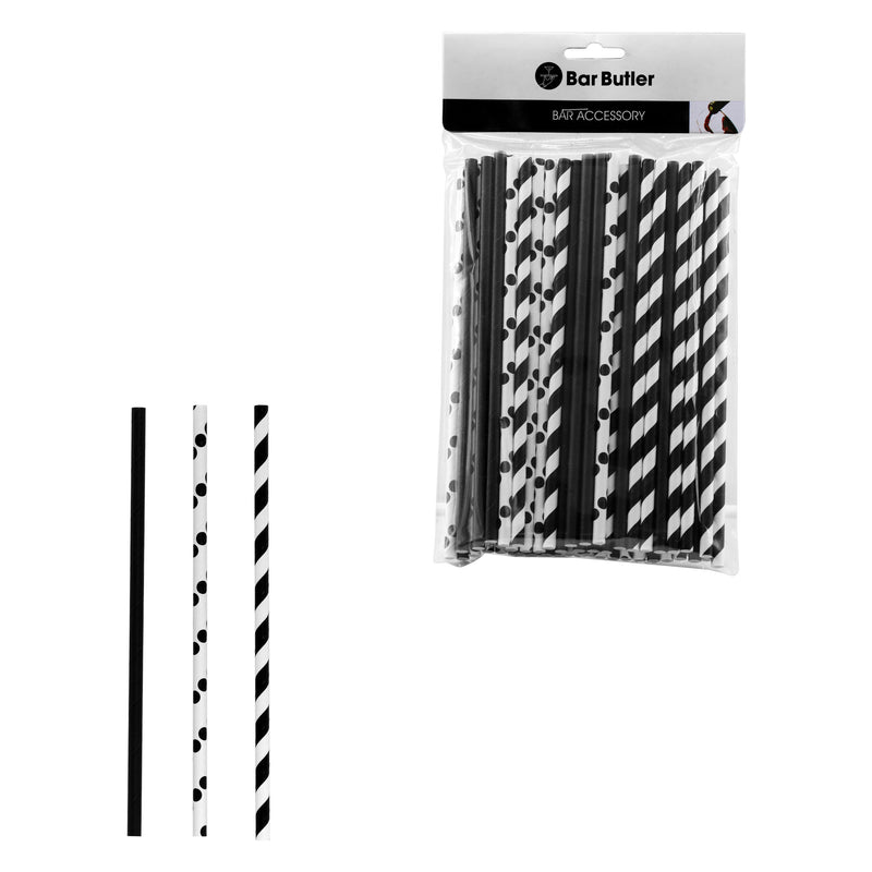 BAR BUTLER PAPER STRAWS BLACK & WHITE MIXED PACK 3 PLY (6MM) 60PCS