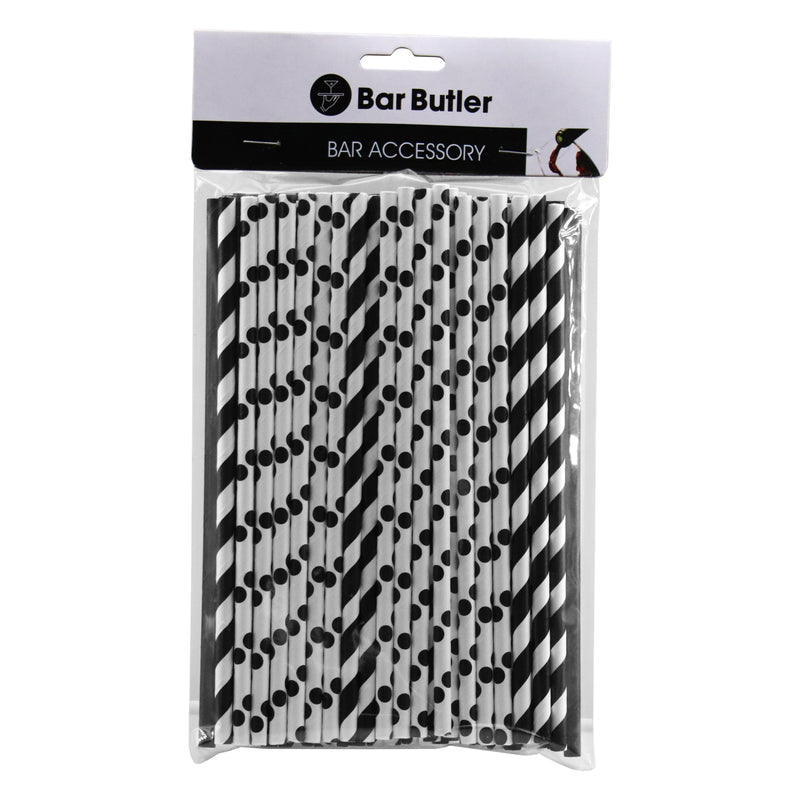 BAR BUTLER PAPER STRAWS BLACK & WHITE MIXED PACK 3 PLY (6MM) 60PCS