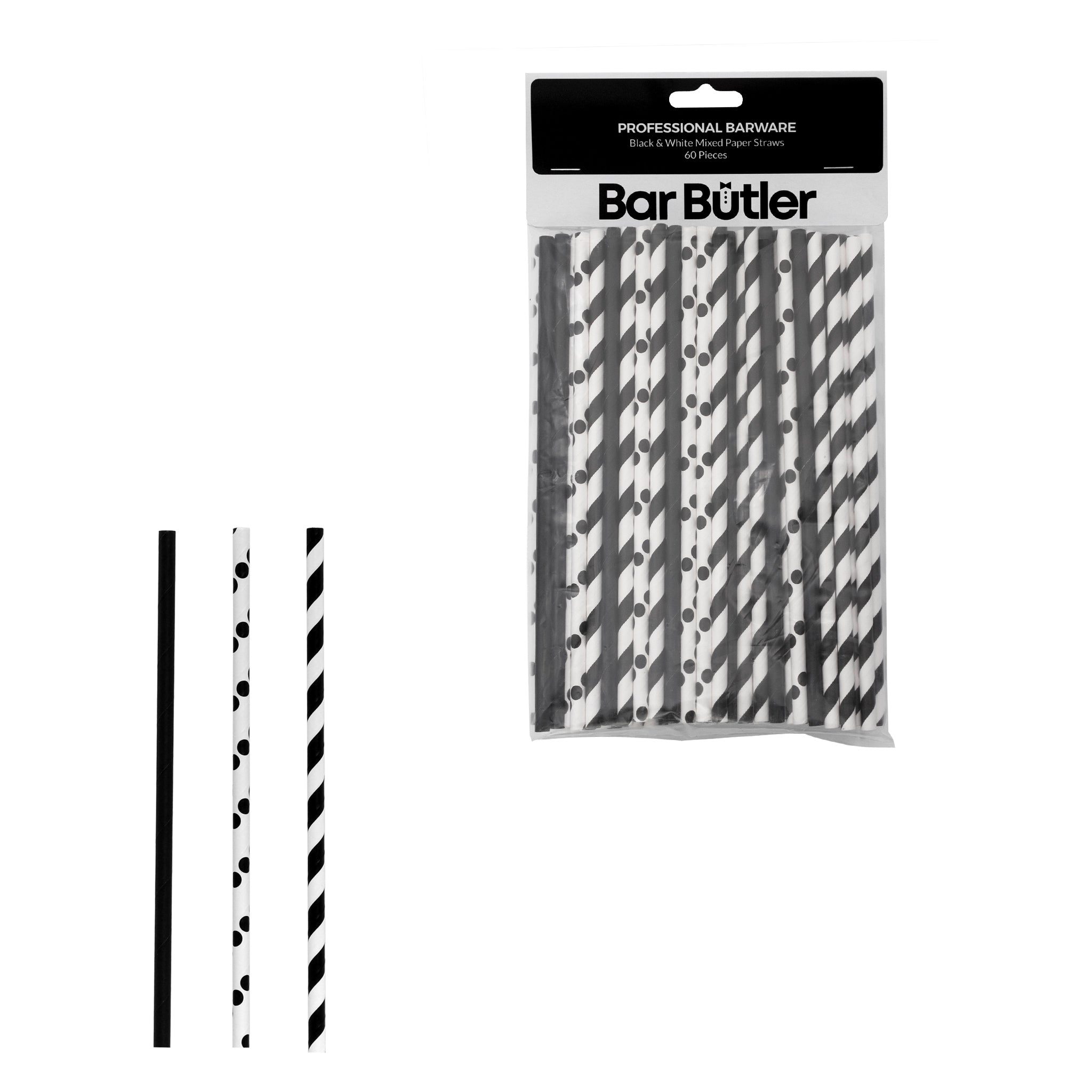 BAR BUTLER PAPER STRAWS BLACK & WHITE MIXED PACK 3 PLY 6MM, 60PK