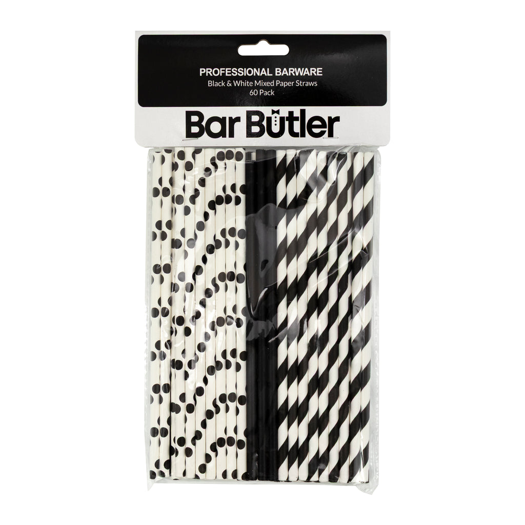 BAR BUTLER PAPER STRAWS BLACK & WHITE MIXED PACK 3 PLY 6MM, 60PK