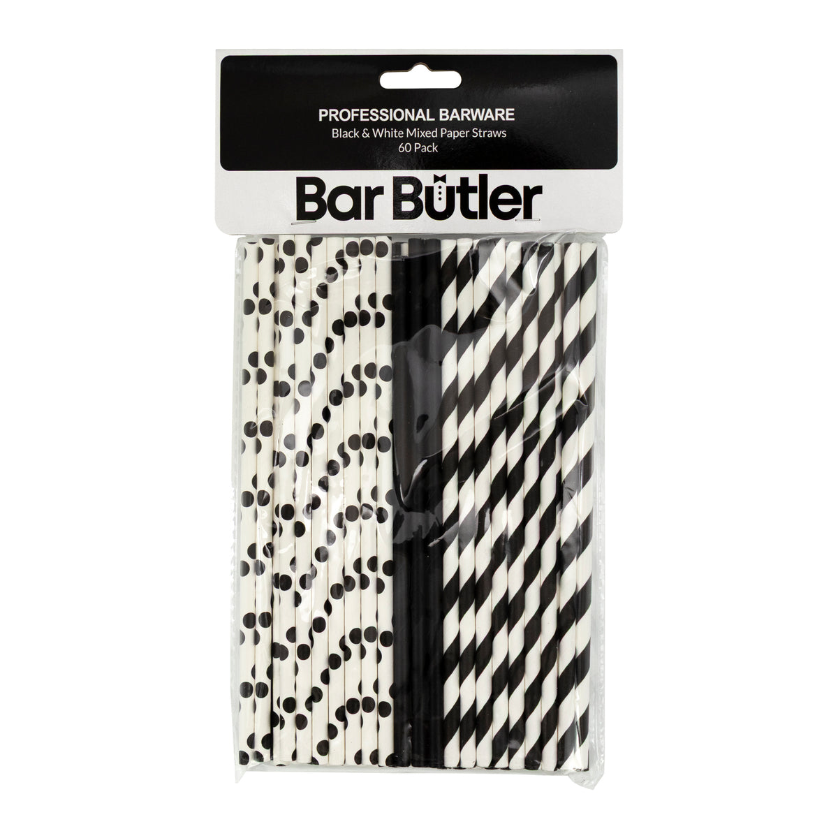 BAR BUTLER PAPER STRAWS BLACK & WHITE MIXED PACK 3 PLY 6MM, 60PK