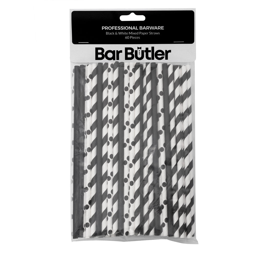 BAR BUTLER PAPER STRAWS BLACK & WHITE MIXED PACK 3 PLY 6MM, 60PK