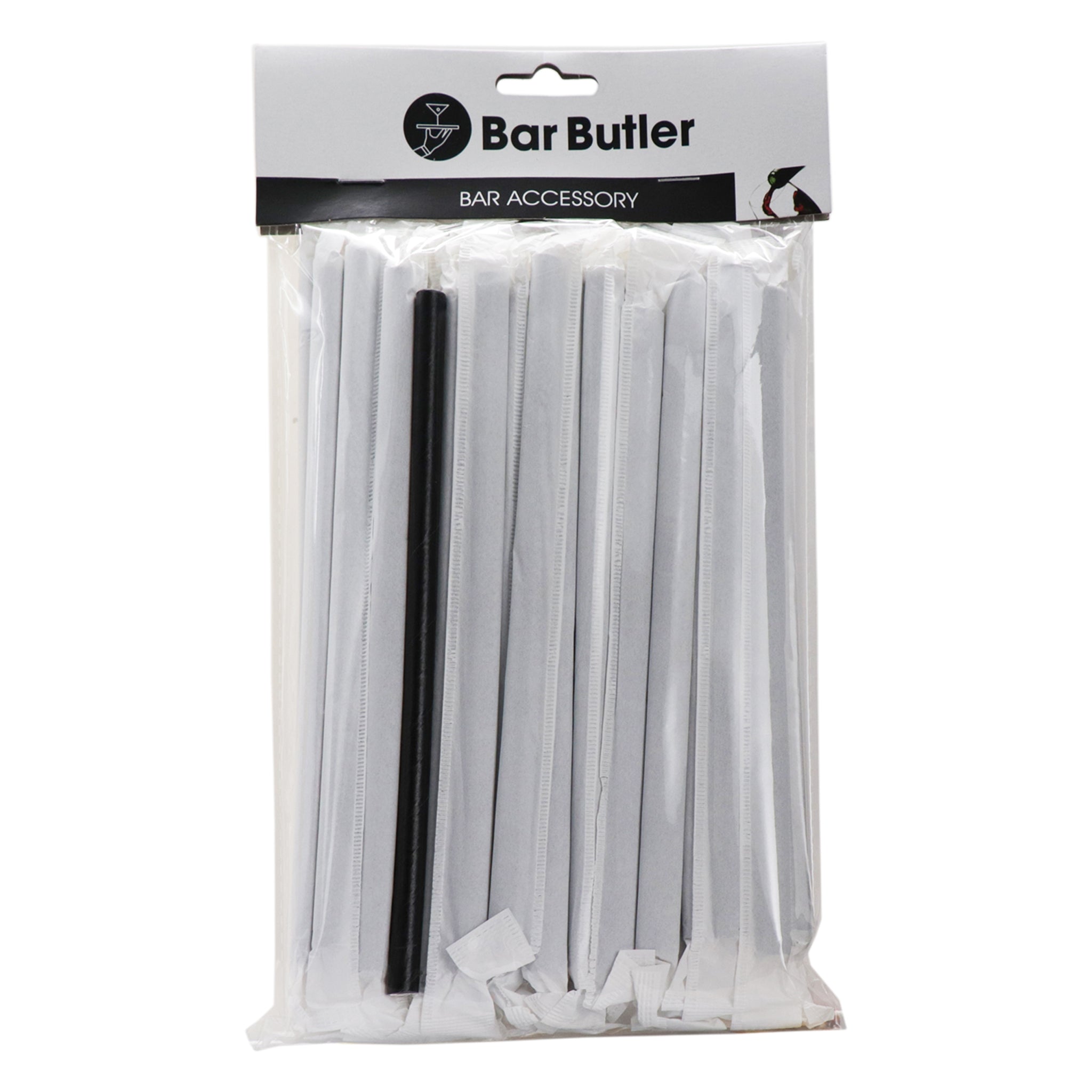 BAR BUTLER PAPER STRAWS BLACK 50 X 3PLY 8MM WRAPPED + 1 UNWRAPPED - 51 PK