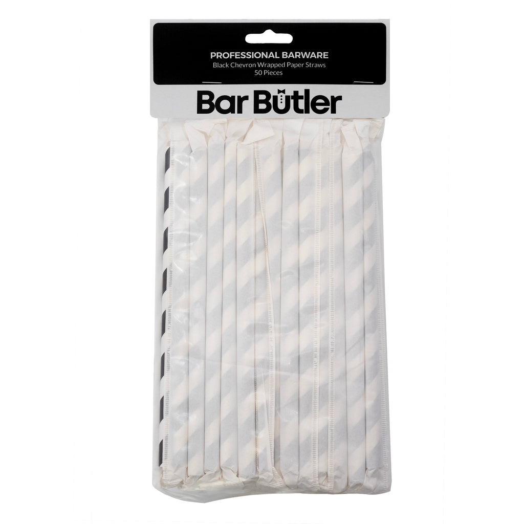 BAR BUTLER PAPER STRAWS BLACK & WHITE CHEVRON 50X3PLY 8MM WRAPPED + 1 UNWRAPPED 51PK