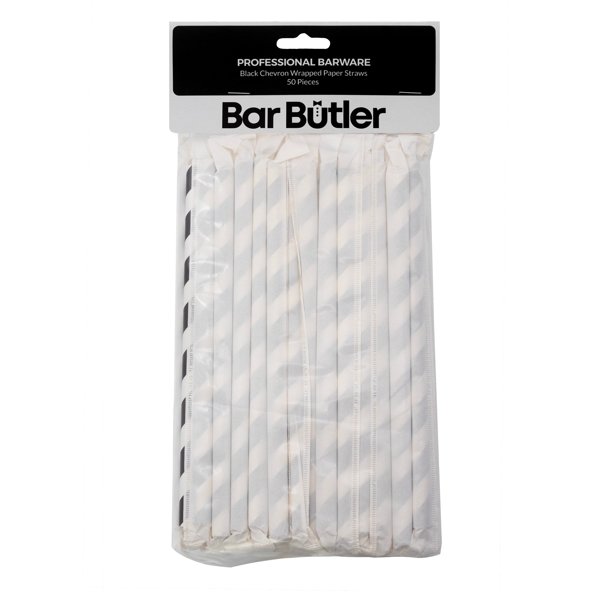 BAR BUTLER PAPER STRAWS BLACK & WHITE CHEVRON 50X3PLY 8MM WRAPPED + 1 UNWRAPPED 51PK