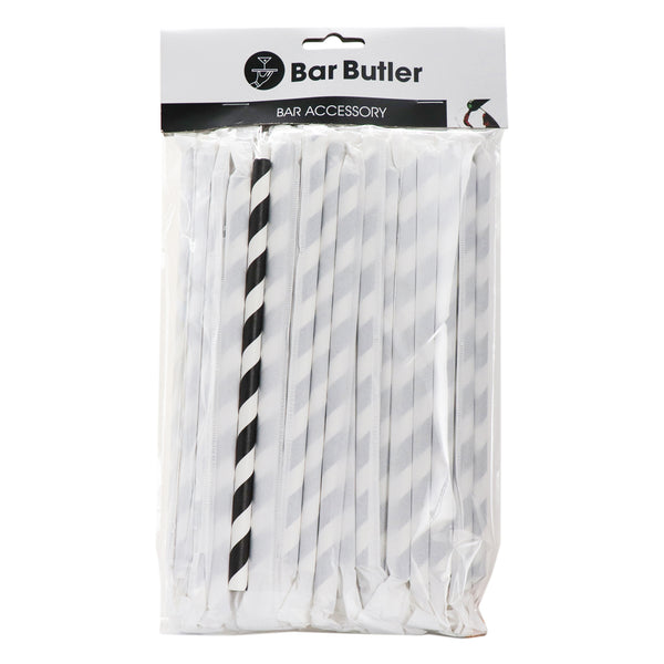 BAR BUTLER PAPER STRAWS BLACK & WHITE CHEVRON 50 X 3 PLY 8MM WRAPPED + 1 UNWRAPPED, 51PCS