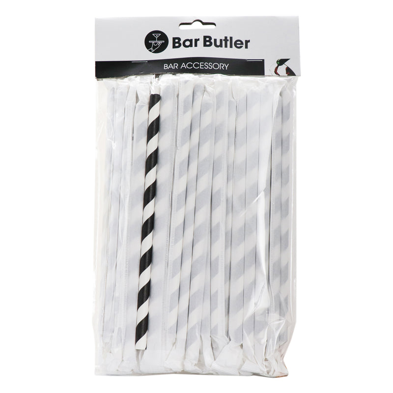 BAR BUTLER PAPER STRAWS BLACK & WHITE CHEVRON 50 X 3 PLY 8MM WRAPPED + 1 UNWRAPPED, 51PCS