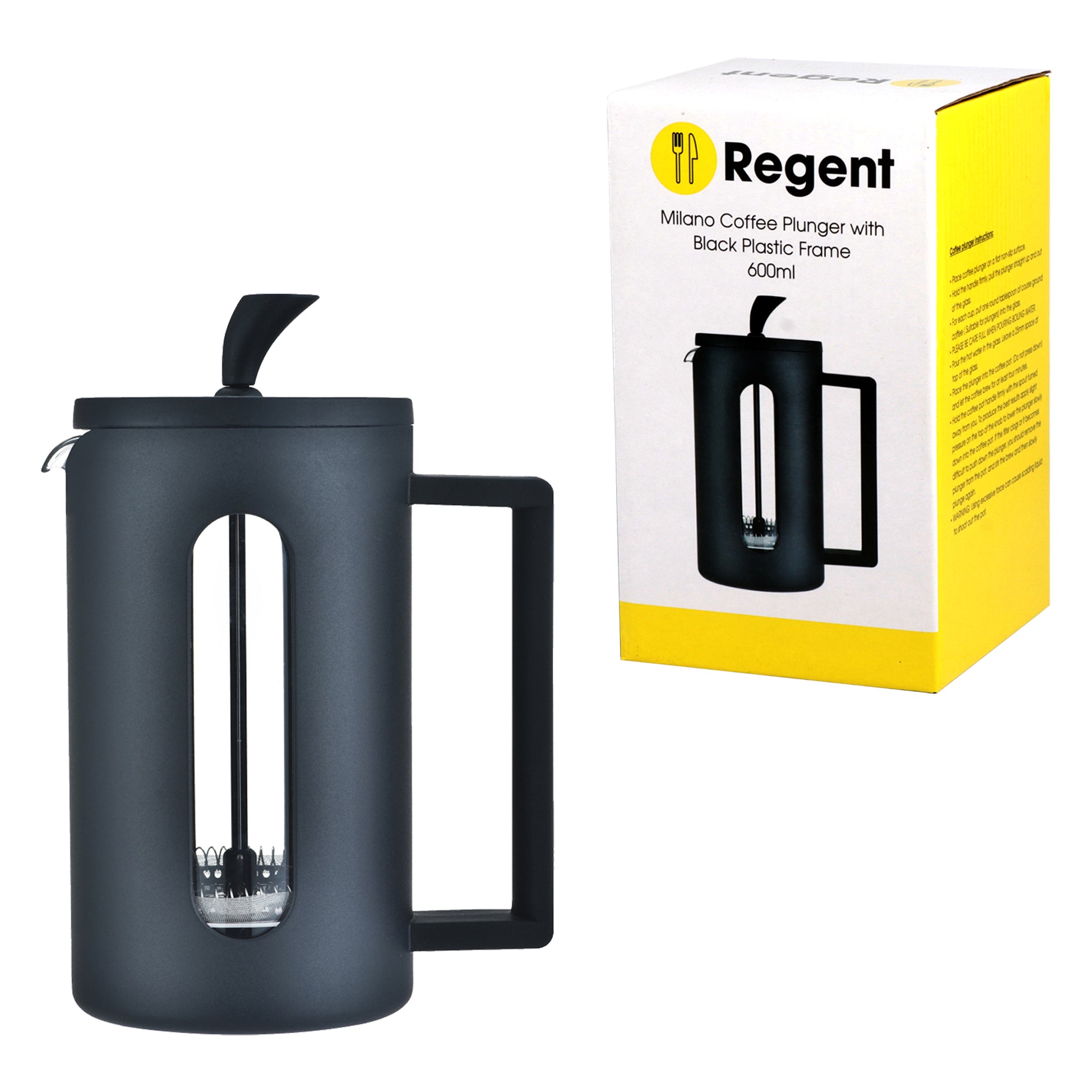 REGENT MILANO COFFEE PLUNGER WITH BLACK PLASTIC FRAME 6 CUP, 600ML