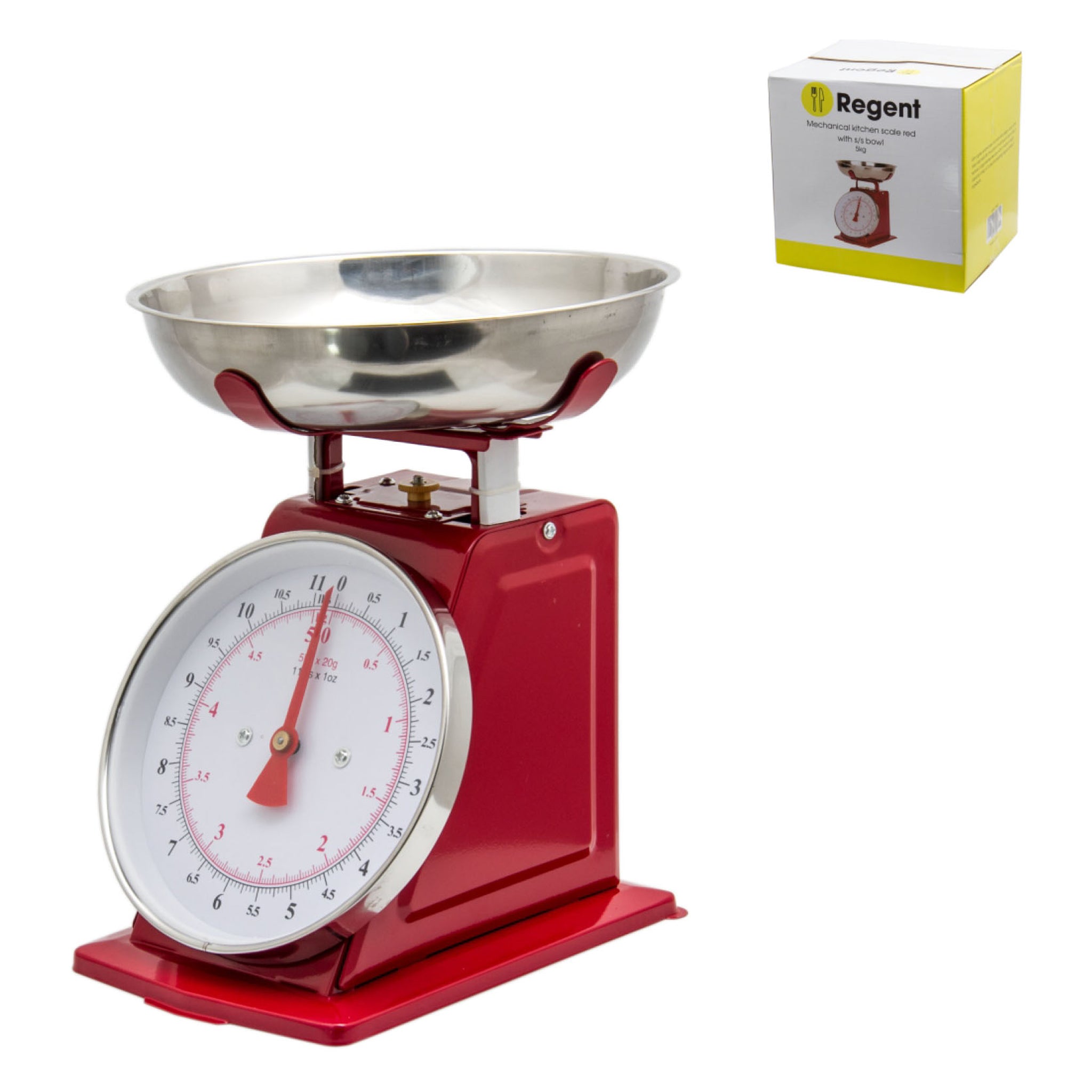 REGENT KITCHEN SCALE MECHANICAL RED WITH ST STEEL BOWL, 5KG