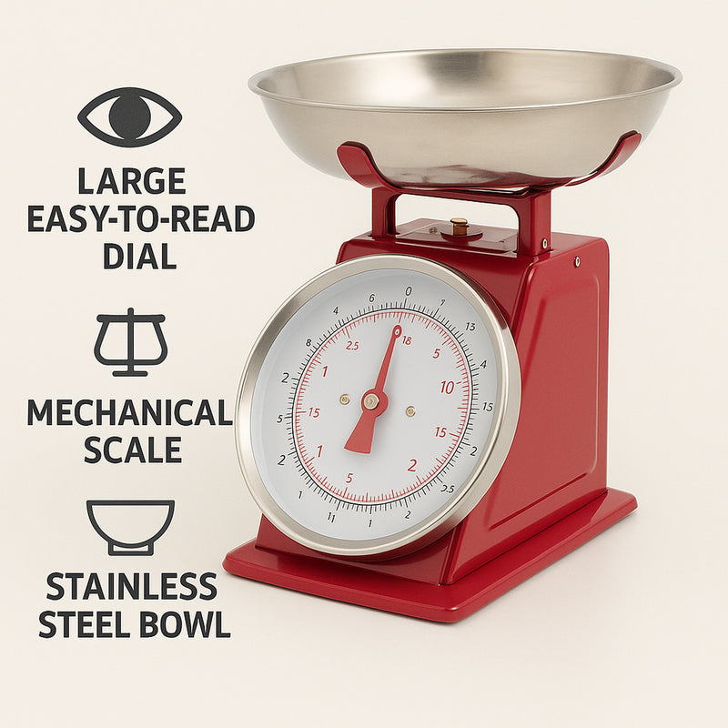 REGENT KITCHEN SCALE MECHANICAL RED WITH ST STEEL BOWL, 5KG
