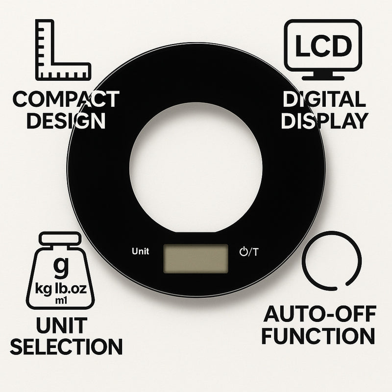 REGENT KITCHEN DIGITAL ROUND GLASS SCALE BLACK WITH CLEAR CENTRE, 5KG (200MM DIAX20MM)