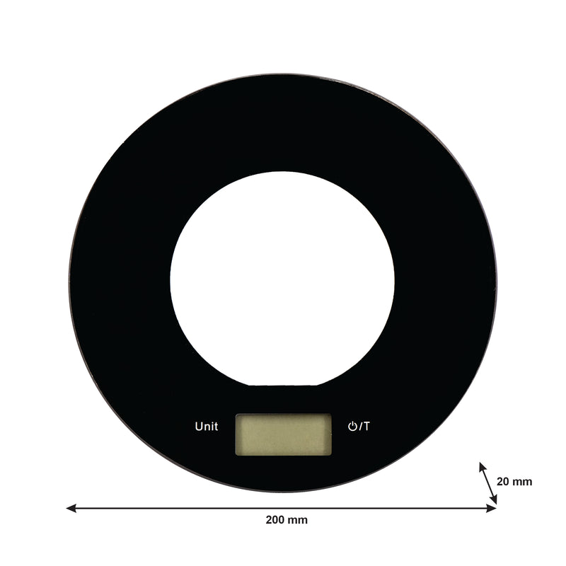REGENT KITCHEN DIGITAL ROUND GLASS SCALE BLACK WITH CLEAR CENTRE, 5KG (200MM DIAX20MM)