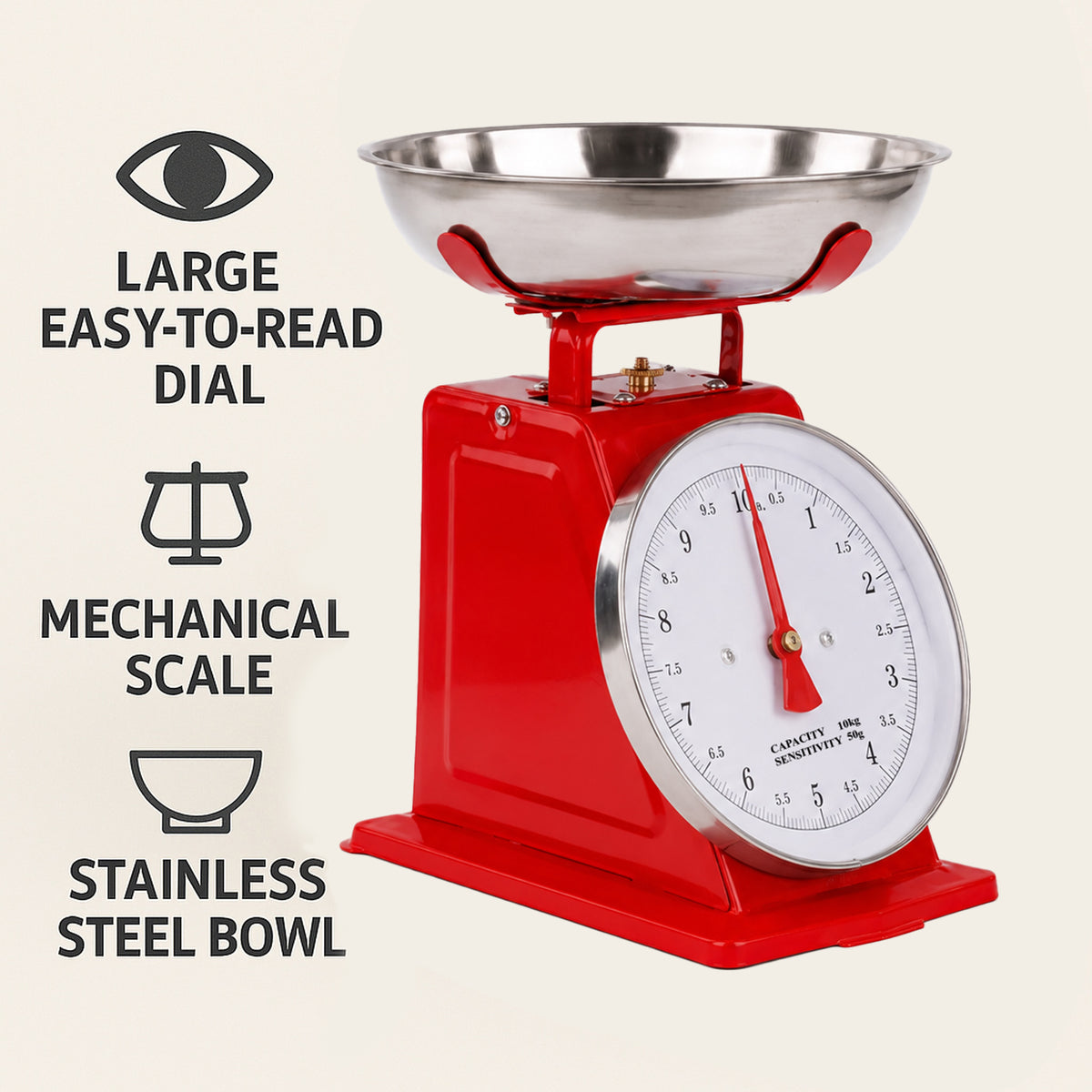 REGENT KITCHEN SCALE MECHANICAL RED WITH ST STEEL BOWL, 10KG