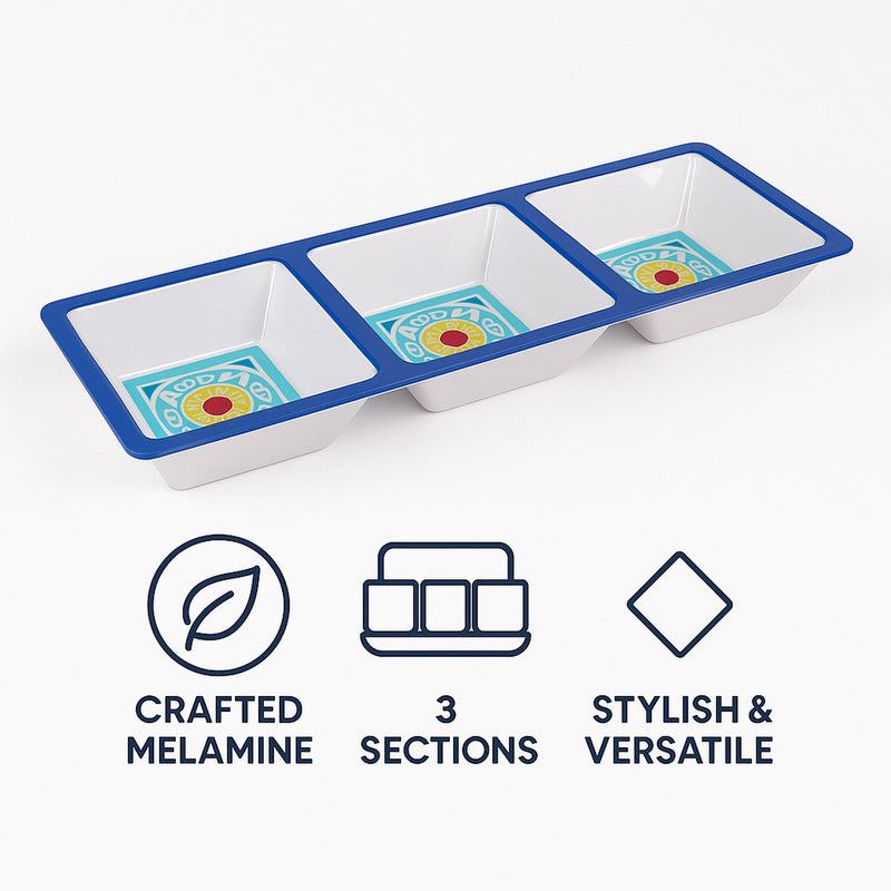 MELAMINE 3 SECTION TRAY BLUE MOROCCAN MANDALA, 342X120MM