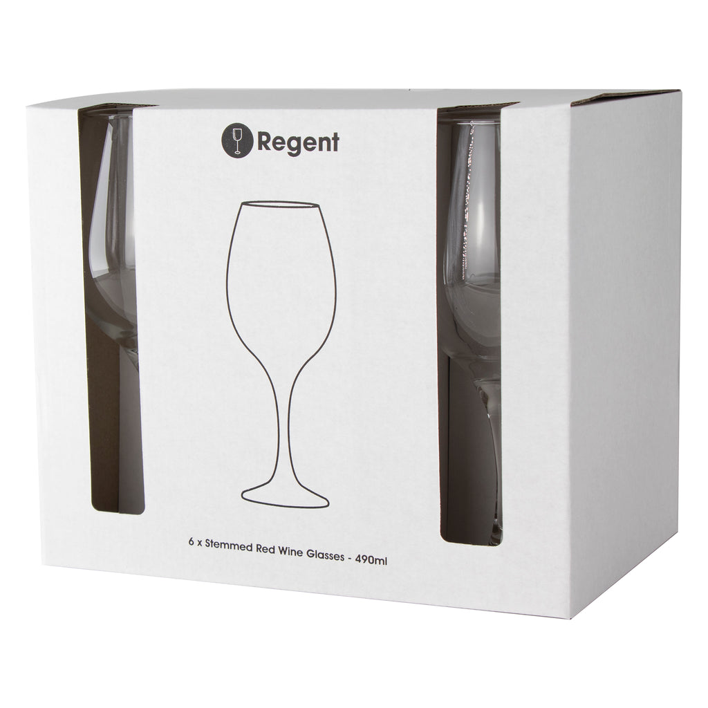 REGENT STEMMED RED WINE GLASSES 6PK, 490ML