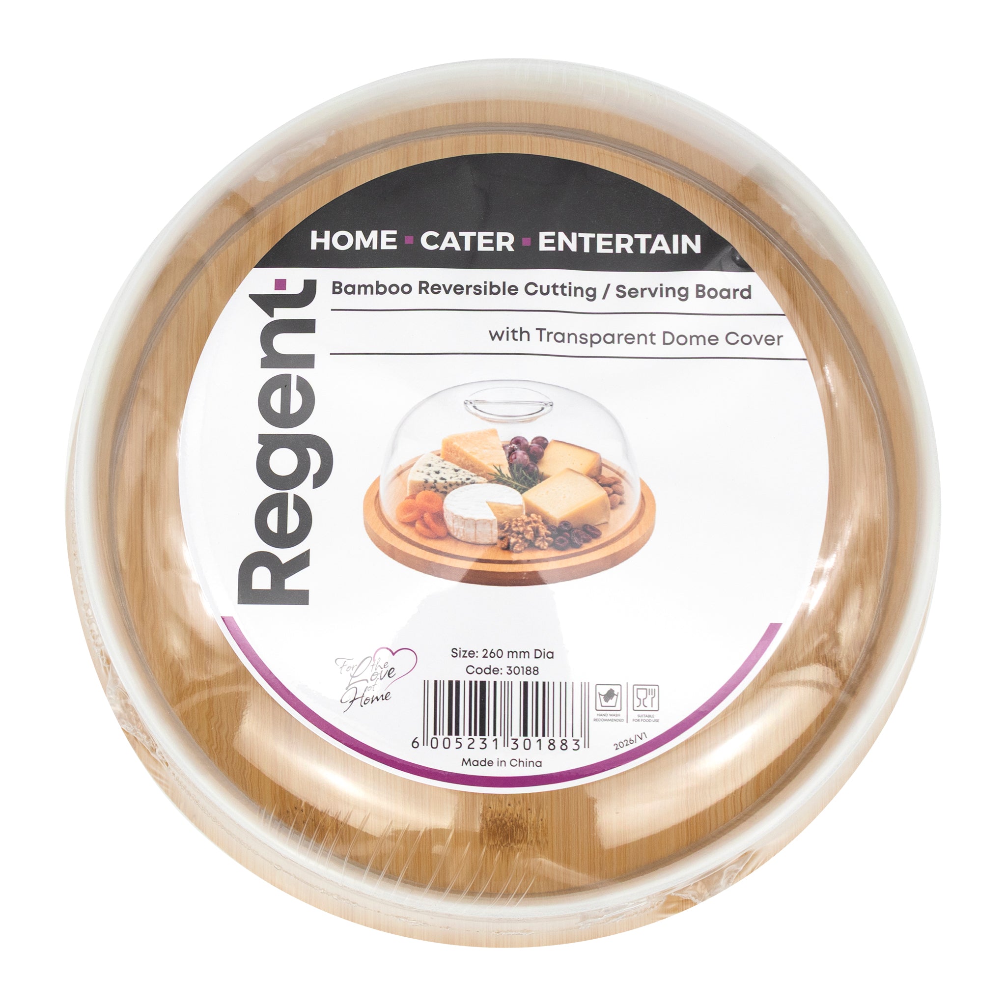 REGENT BAMBOO REVERSABLE CUTTING/SERVING BOARD WITH DOME COVER, 260MM DIA