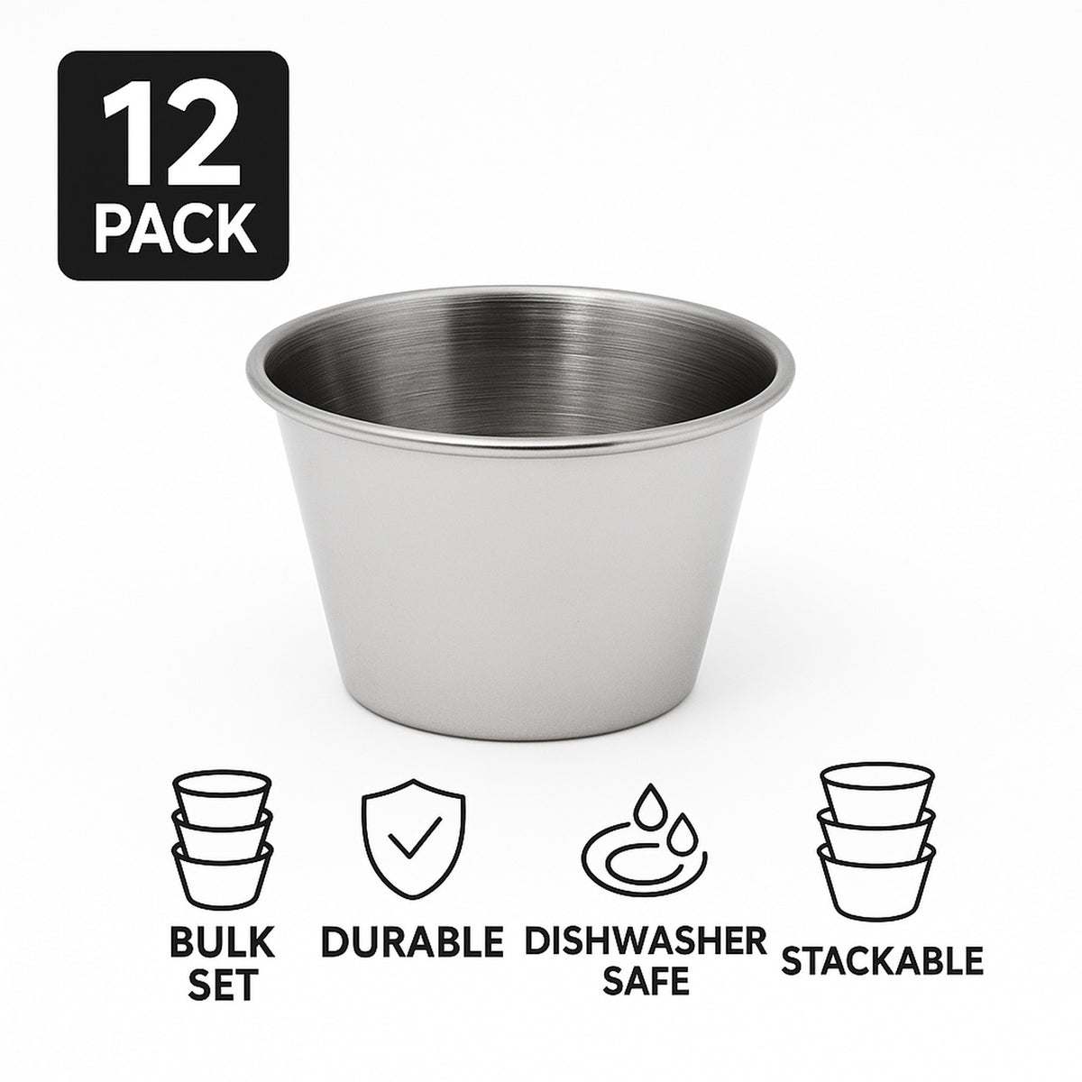 REGENT SAUCE CUP STAINLESS STEEL 70ML 12PK, 56MM DIA