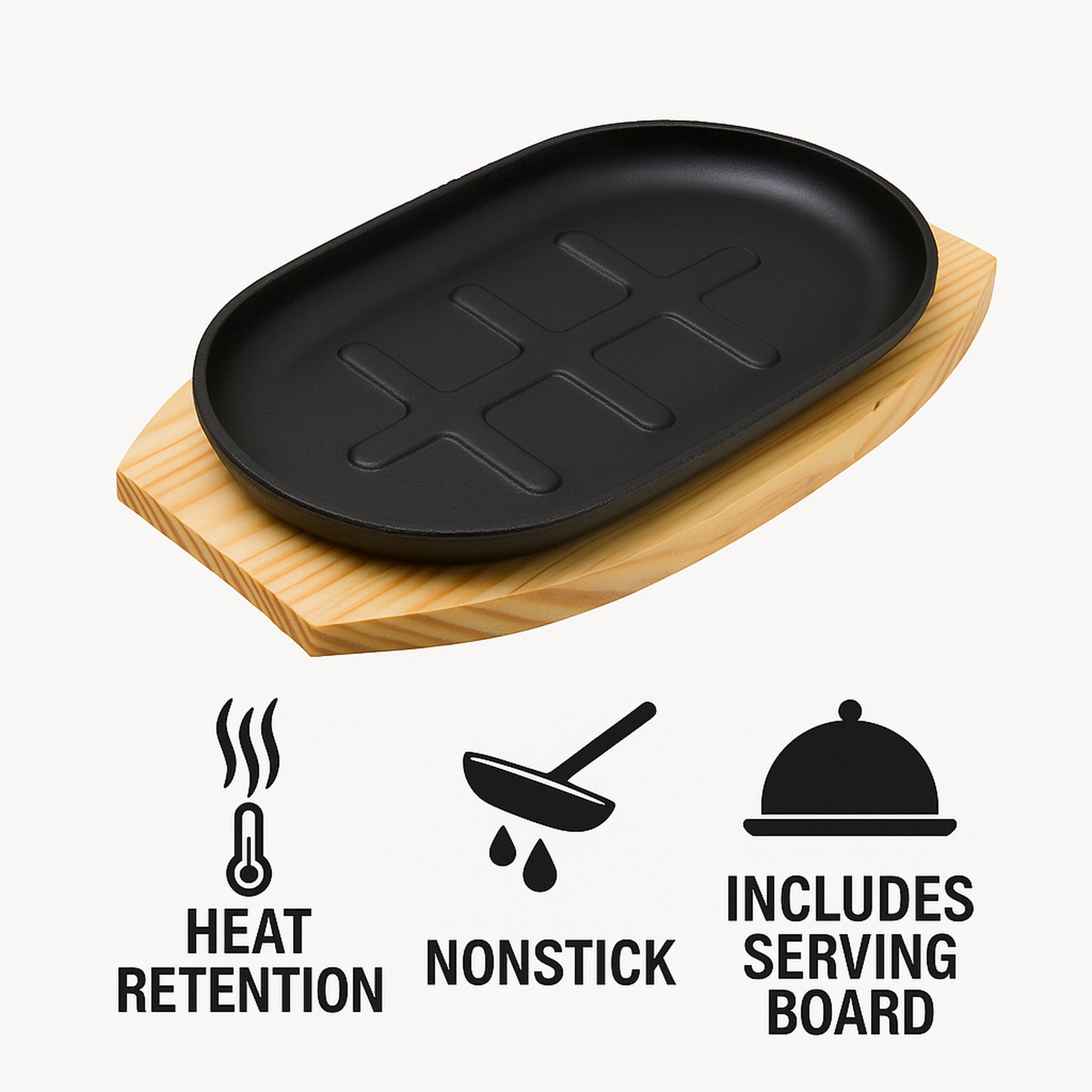 REGENT CAST IRON OVAL STEAK PLATE ON A WOODEN BOARD 275X170XMM