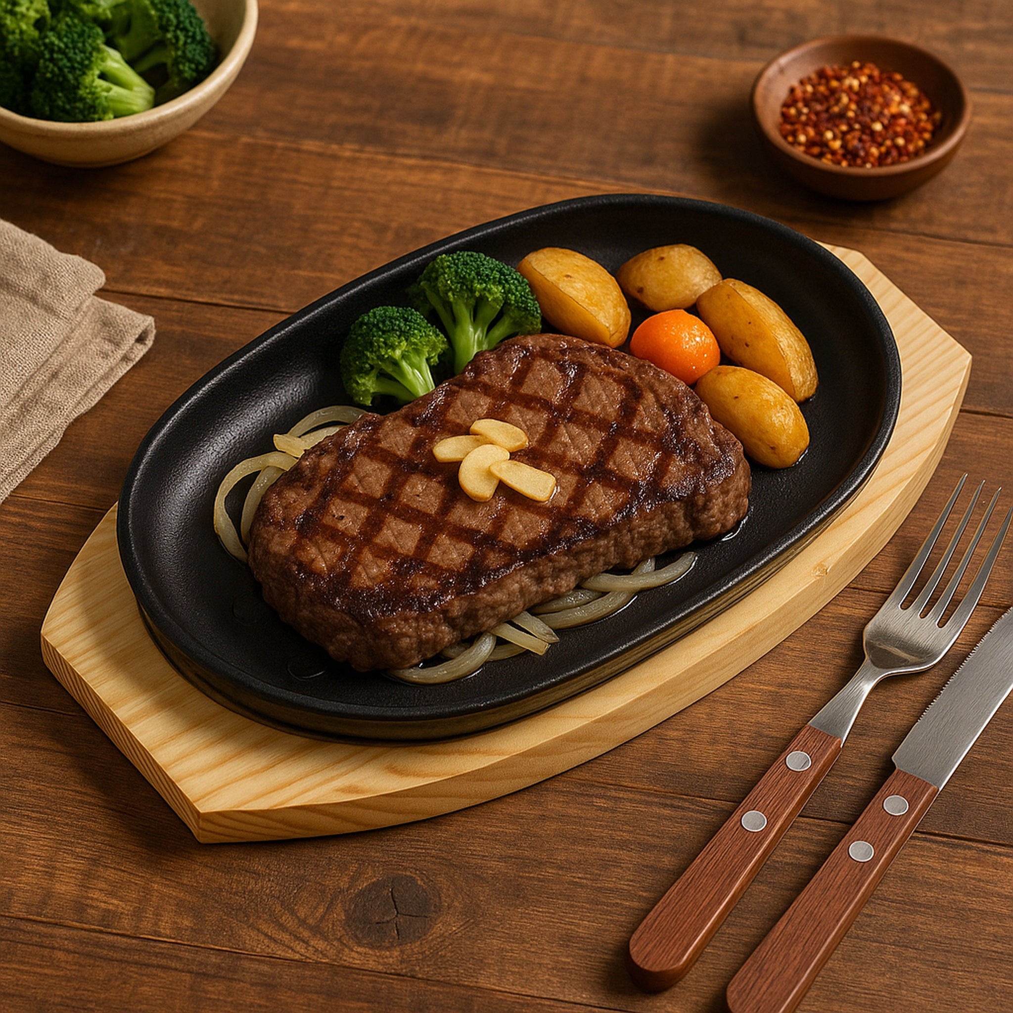 REGENT CAST IRON OVAL STEAK PLATE ON A WOODEN BOARD 275X170XMM