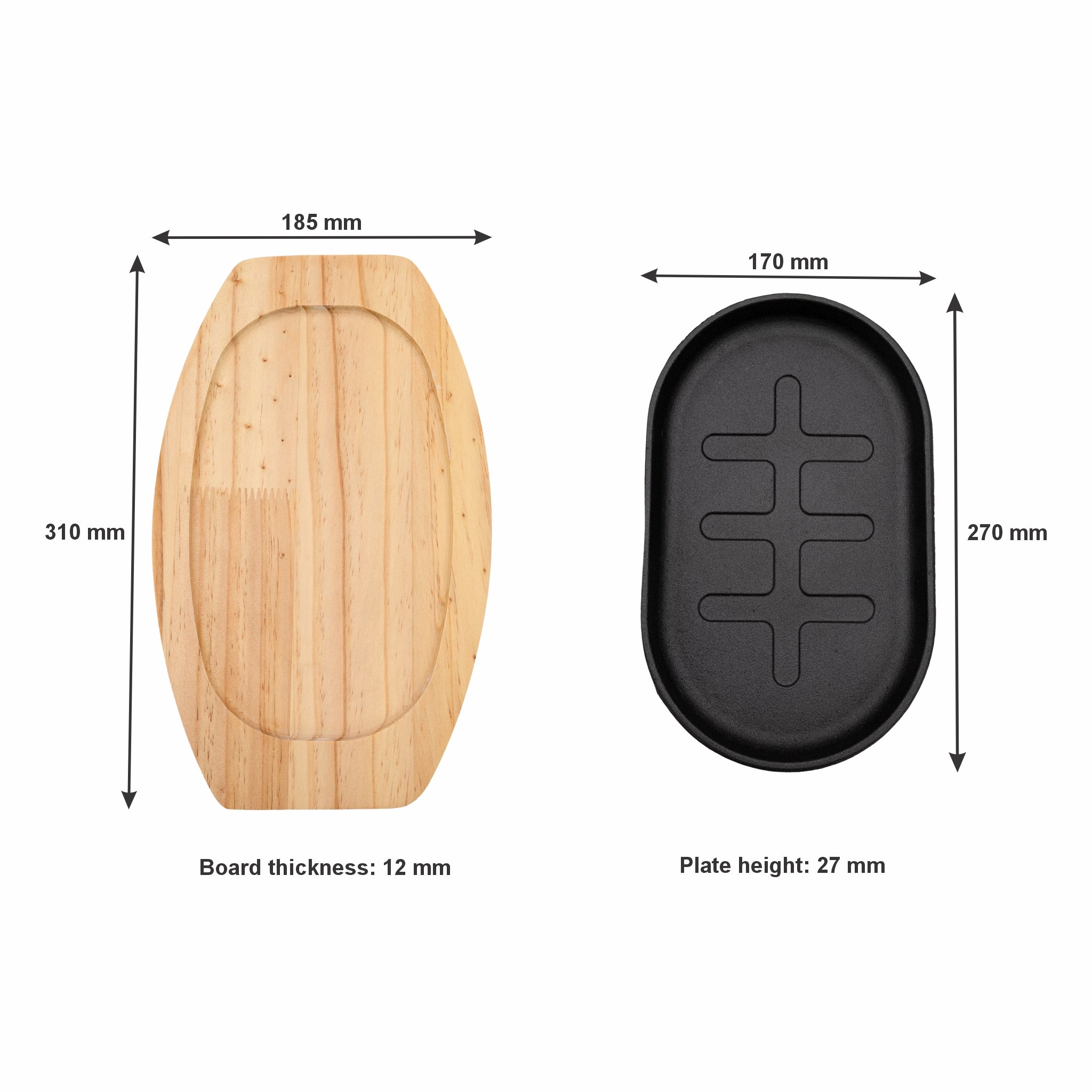 REGENT CAST IRON OVAL STEAK PLATE ON A WOODEN BOARD 275X170XMM