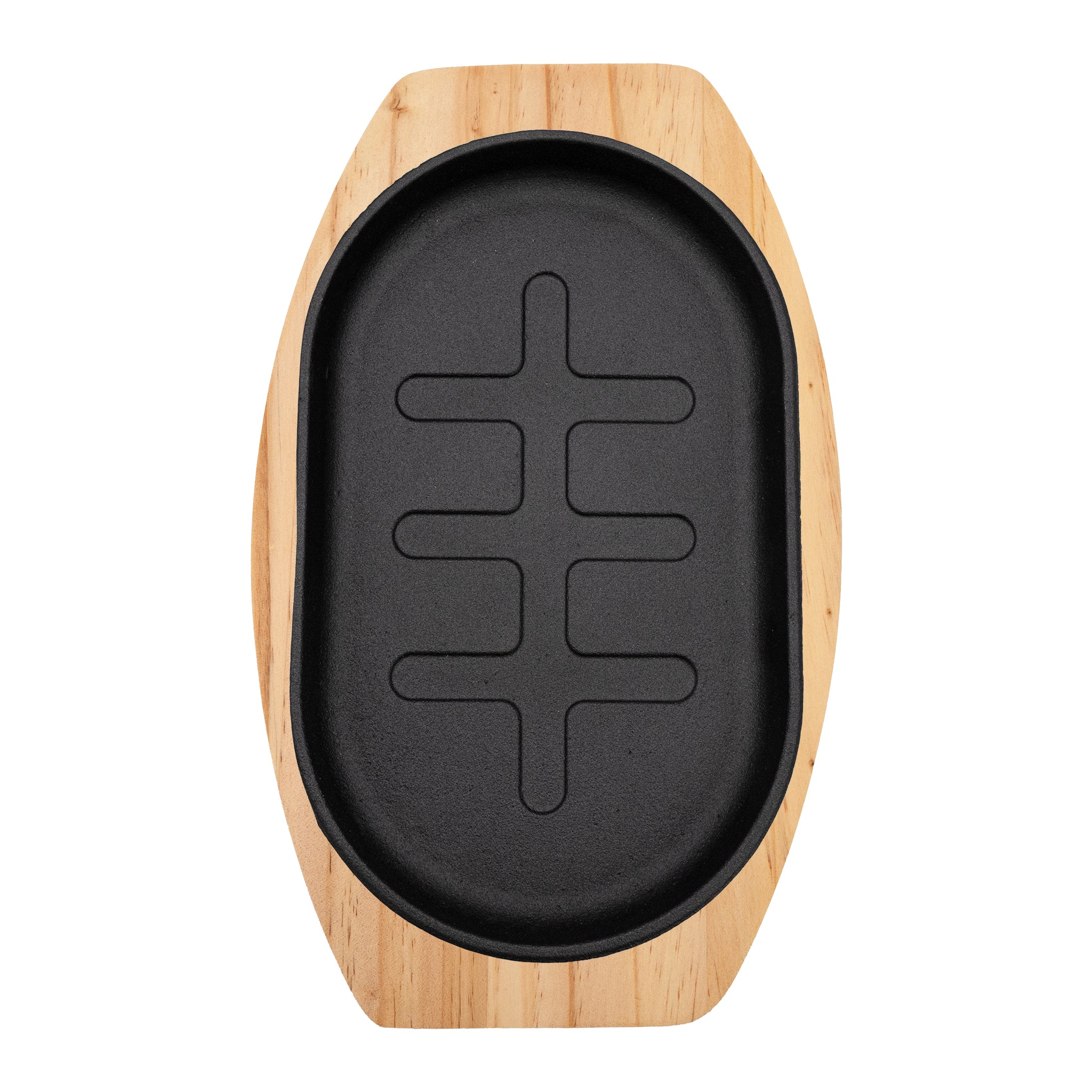 REGENT CAST IRON OVAL STEAK PLATE ON A WOODEN BOARD 275X170XMM