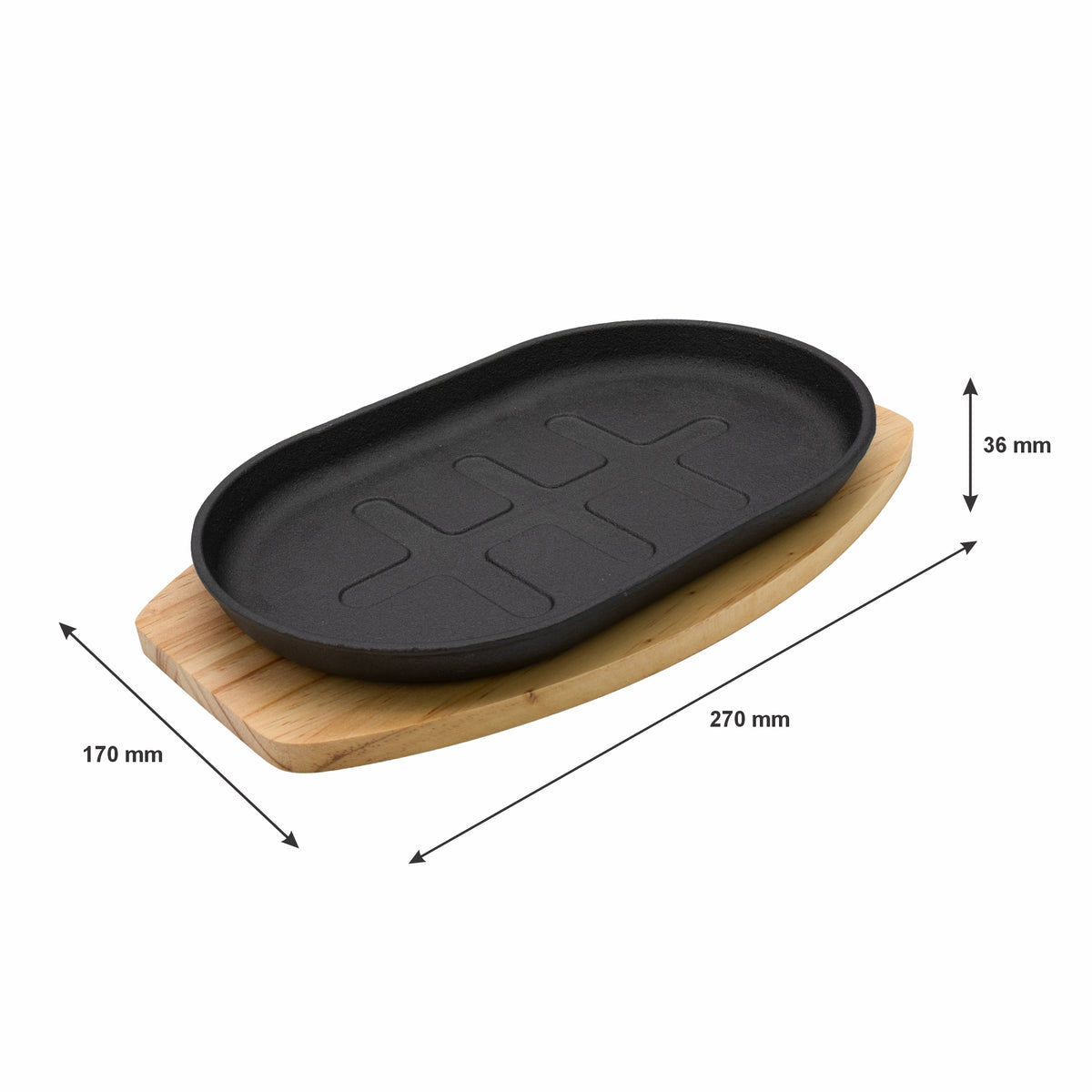 REGENT CAST IRON OVAL STEAK PLATE ON A WOODEN BOARD 275X170XMM