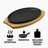 REGENT COOKWARE CAST IRON OVAL STEAK PLATE ON A WOODEN BOARD, 270X165MM