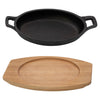 REGENT COOKWARE CAST IRON OVAL PAN WITH 2 HANDLES ON A WOODEN BOARD, 225X120MM