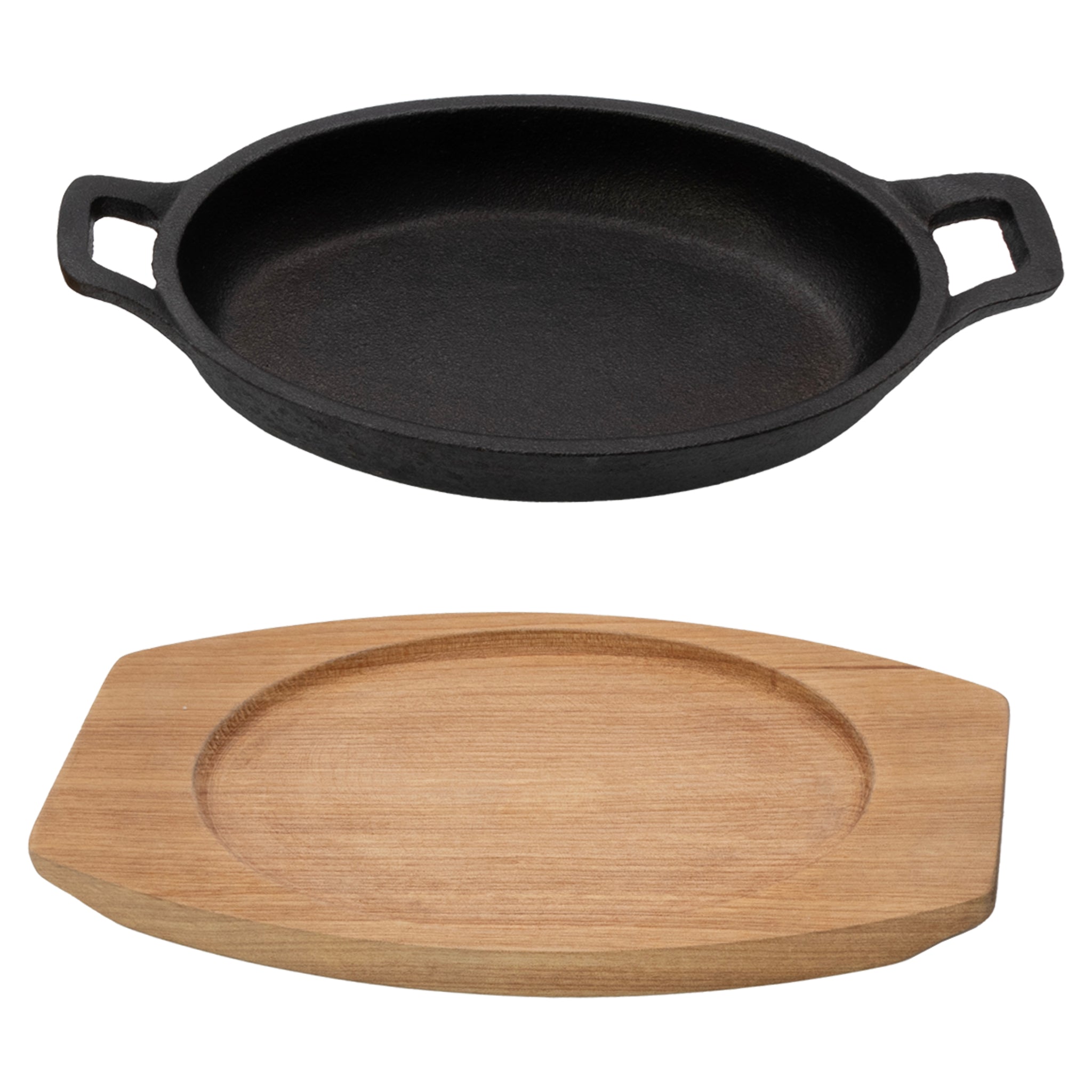 REGENT COOKWARE CAST IRON OVAL PAN WITH 2 HANDLES ON A WOODEN BOARD, 225X120MM