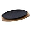 REGENT COOKWARE CAST IRON OVAL STEAK PLATE ON A WOODEN BOARD, 270X165MM