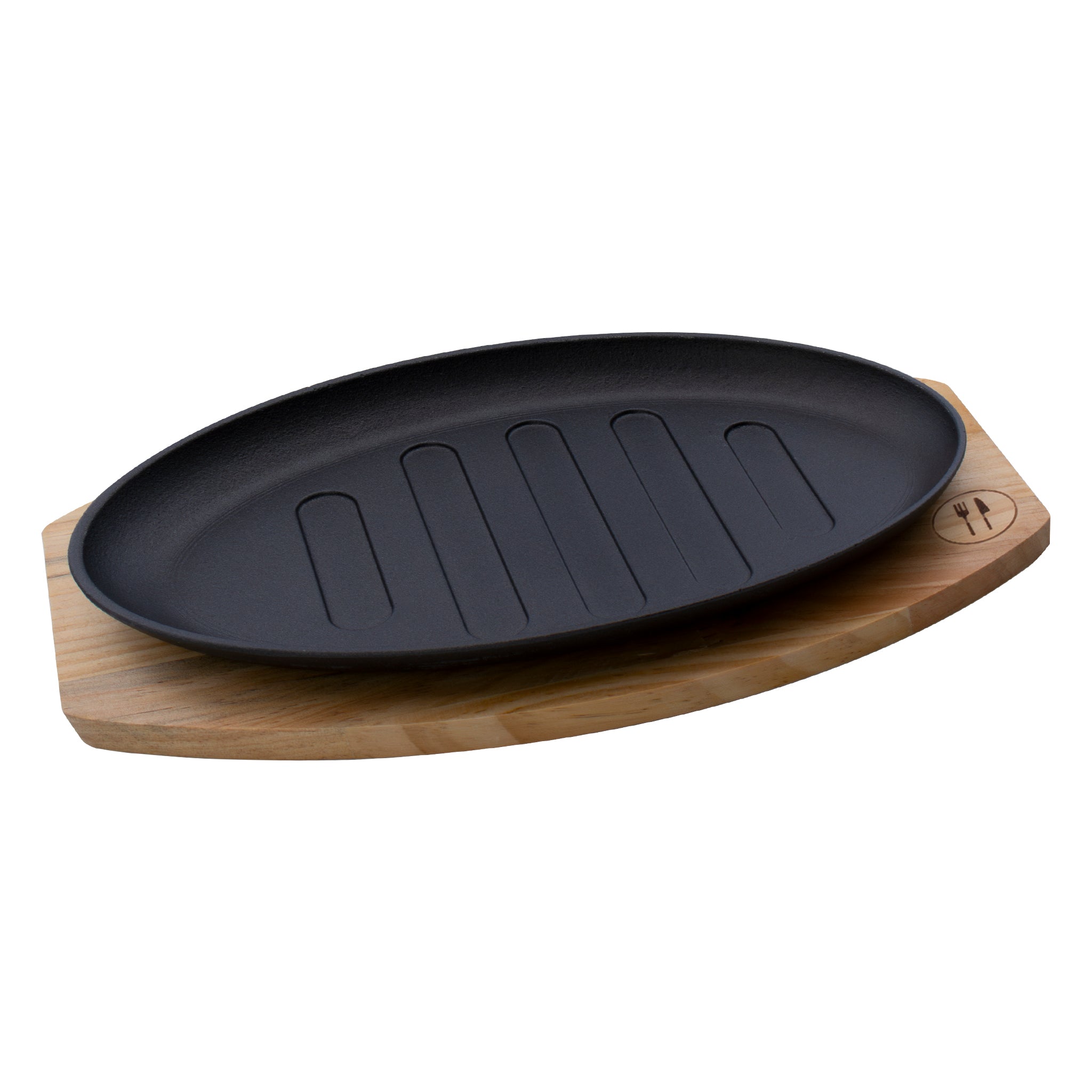 REGENT COOKWARE CAST IRON OVAL STEAK PLATE ON A WOODEN BOARD, 270X165MM