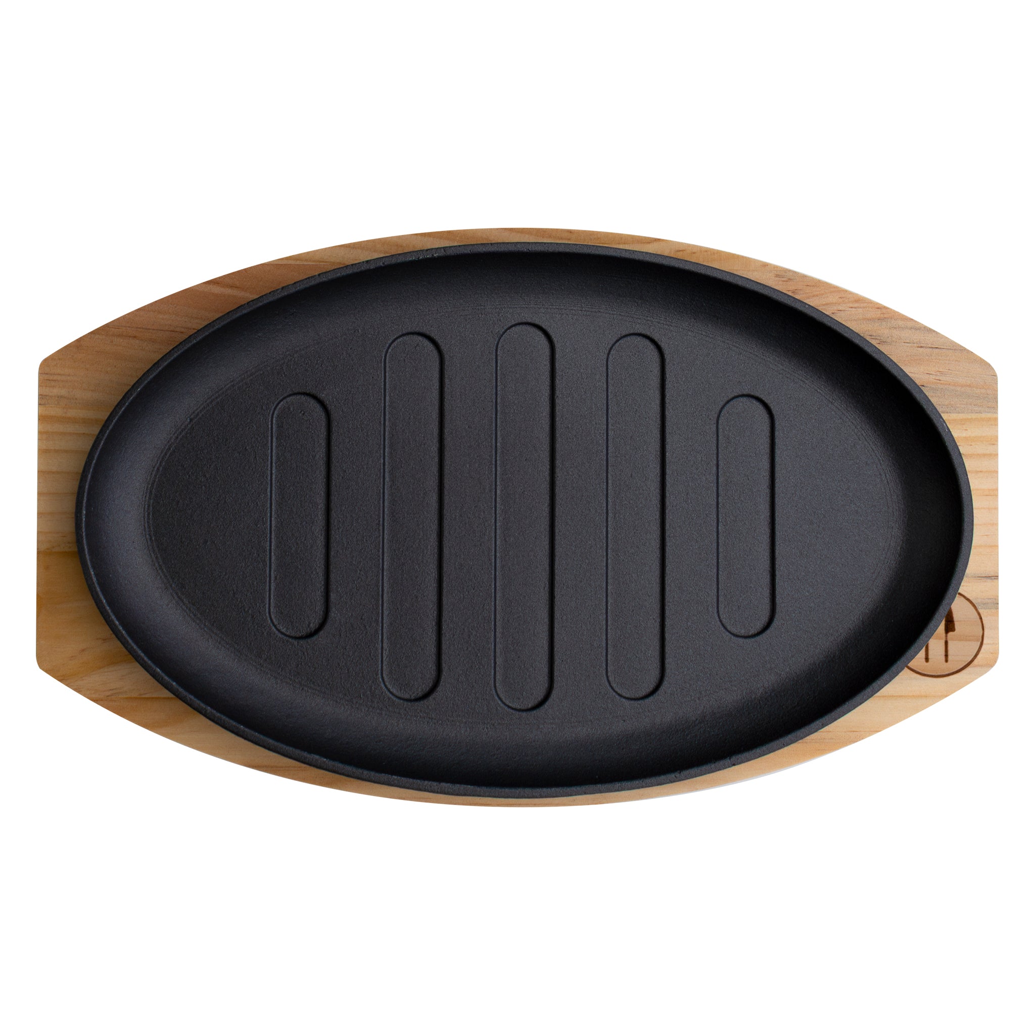 REGENT COOKWARE CAST IRON OVAL STEAK PLATE ON A WOODEN BOARD, 270X165MM