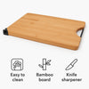 REGENT BAMBOO CUTTING BOARD WITH BLACK METAL HANDLE WITH KNIFE SHARPENER, 355X258MM