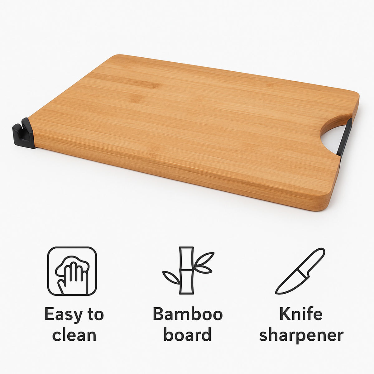 REGENT BAMBOO CUTTING BOARD WITH BLACK METAL HANDLE WITH KNIFE SHARPENER, 355X258MM