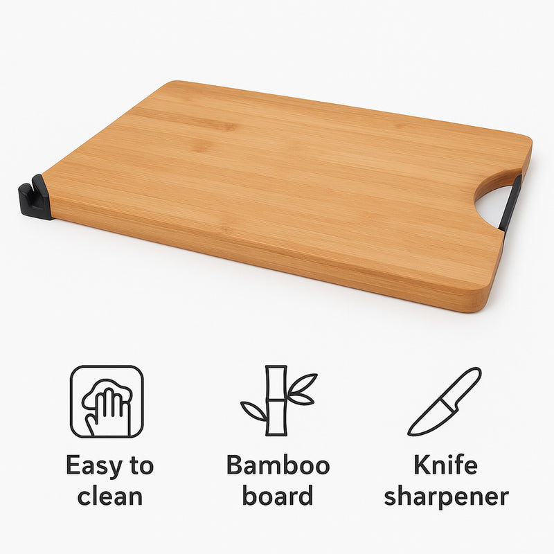 REGENT BAMBOO CUTTING BOARD WITH BLACK METAL HANDLE AND KNIFE SHARPENER, 355X258MM