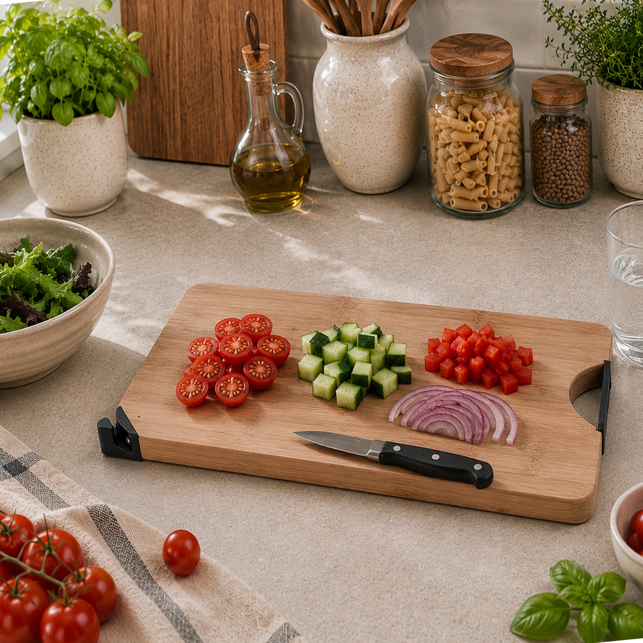 REGENT BAMBOO CUTTING BOARD WITH BLACK METAL HANDLE WITH KNIFE SHARPENER, 355X258MM