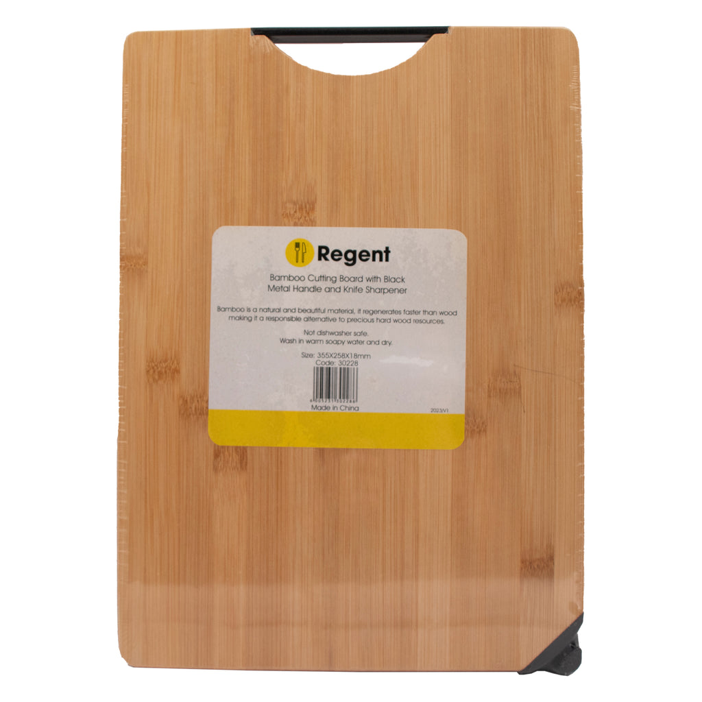 REGENT BAMBOO CUTTING BOARD WITH BLACK METAL HANDLE WITH KNIFE SHARPENER, 355X258MM
