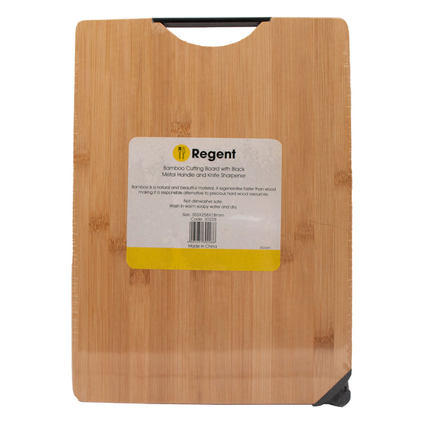 REGENT BAMBOO CUTTING BOARD WITH BLACK METAL HANDLE AND KNIFE SHARPENER, (355X258X18MM)