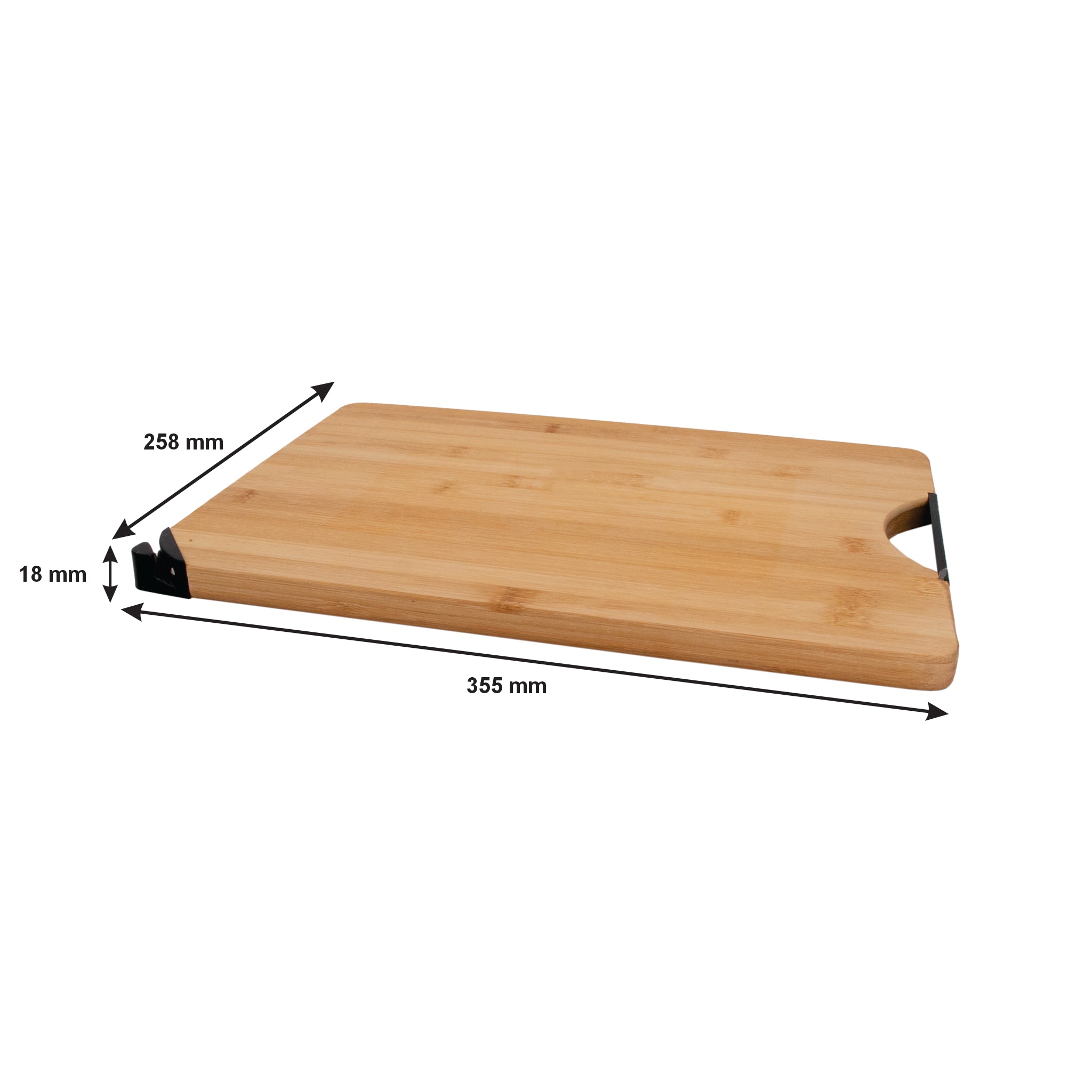 REGENT BAMBOO CUTTING BOARD WITH BLACK METAL HANDLE WITH KNIFE SHARPENER, 355X258MM