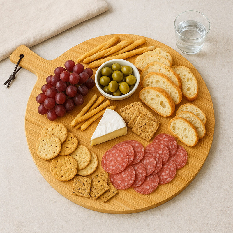 REGENT BAMBOO LARGE ROUND SERVING BOARD WITH HANDLE, 640X490MM DIA