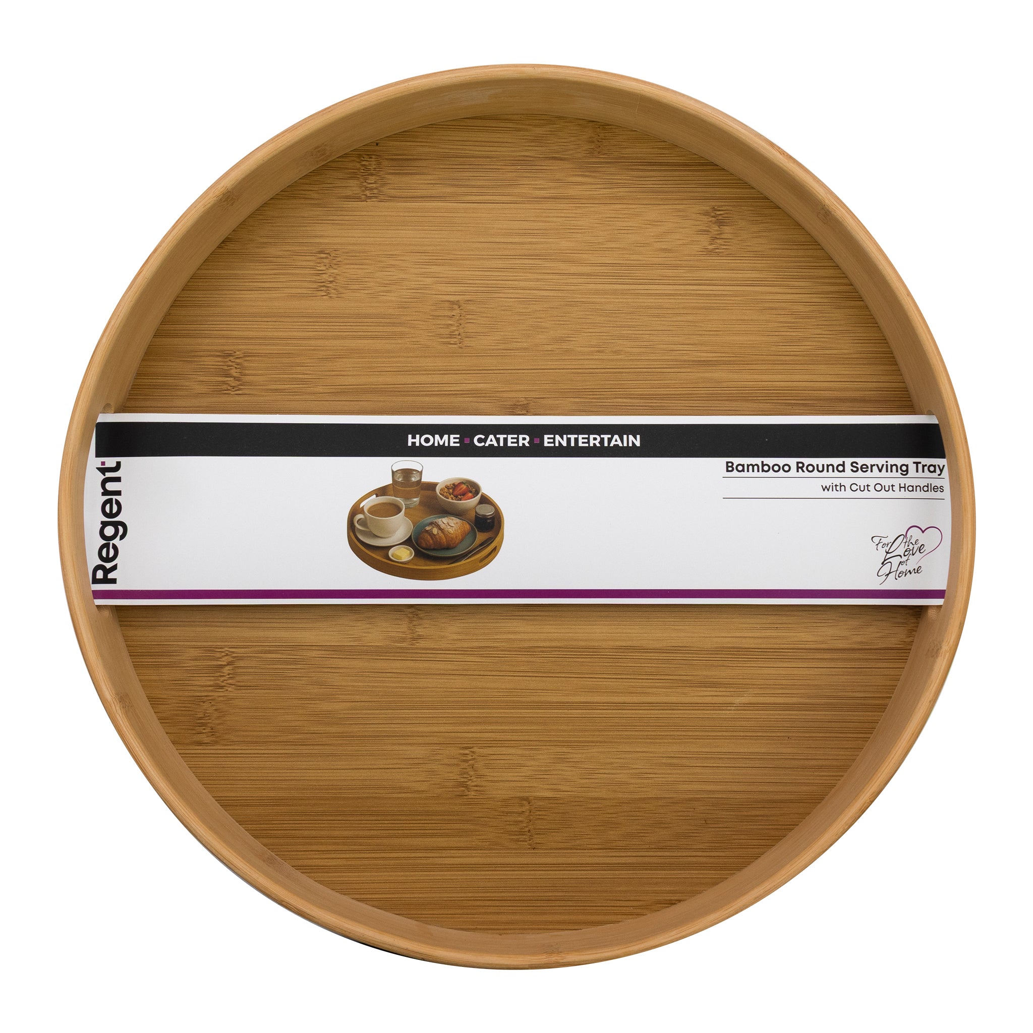 REGENT BAMBOO ROUND SERVING TRAY WITH CUT OUT HANDLE, 360MM DIA