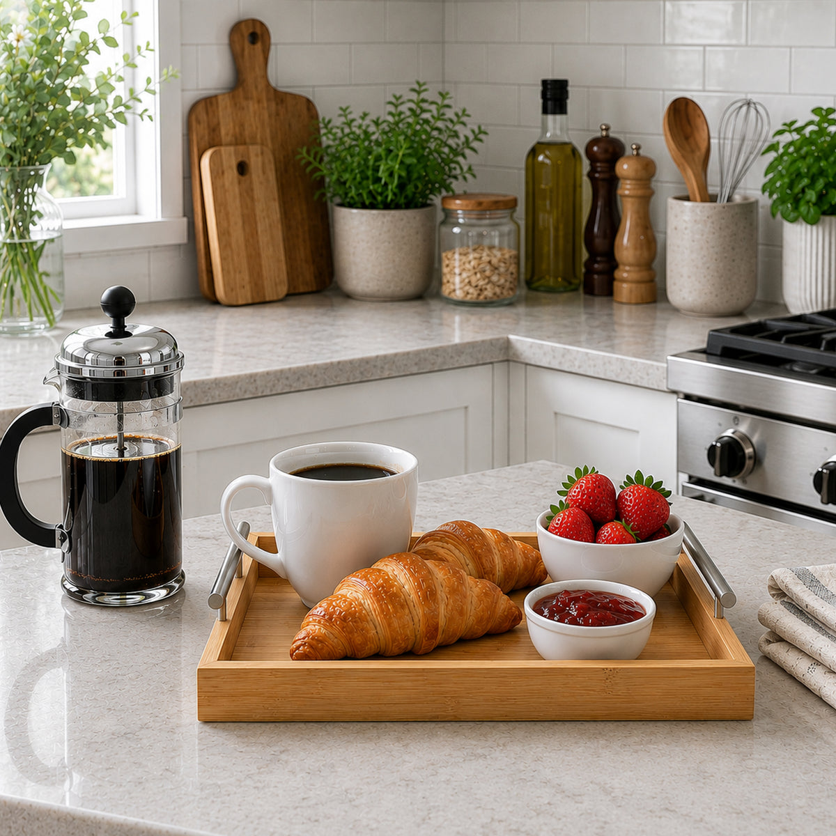 REGENT BAMBOO RECTANGULAR TRAY WITH ST STEEL HANDLES, 395X285MM
