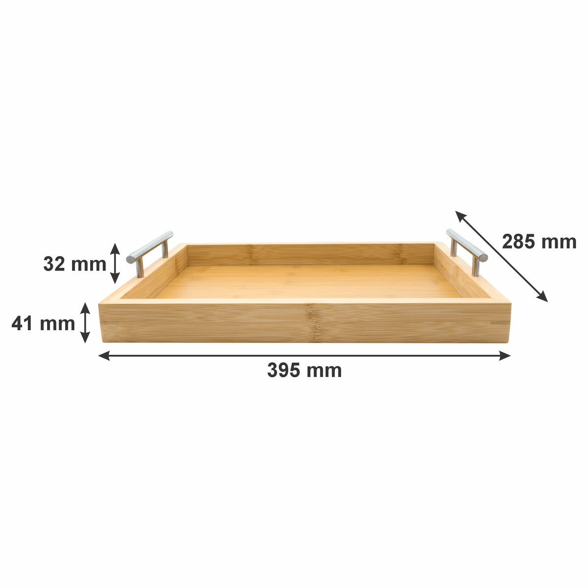 REGENT BAMBOO RECTANGULAR TRAY WITH ST STEEL HANDLES, 395X285MM