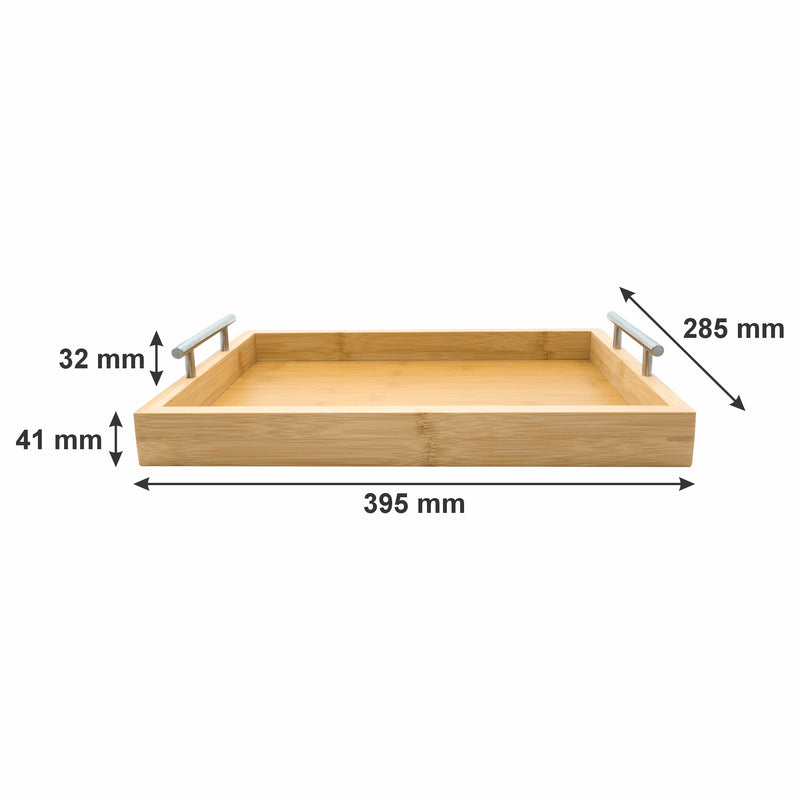 REGENT BAMBOO RECTANGULAR TRAY WITH ST STEEL HANDLES, 395X285MM