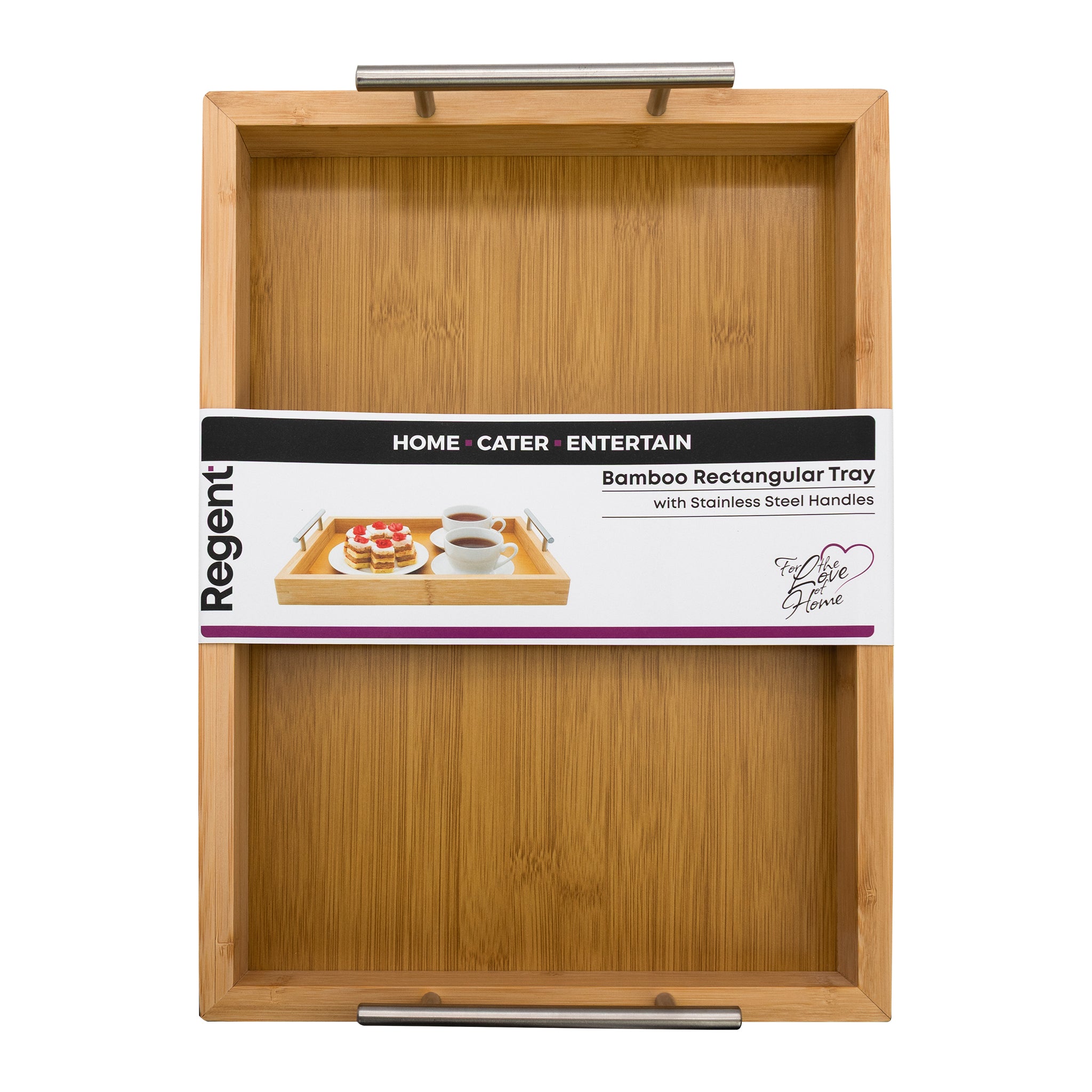 REGENT BAMBOO RECTANGULAR TRAY WITH ST STEEL HANDLES, 395X285MM