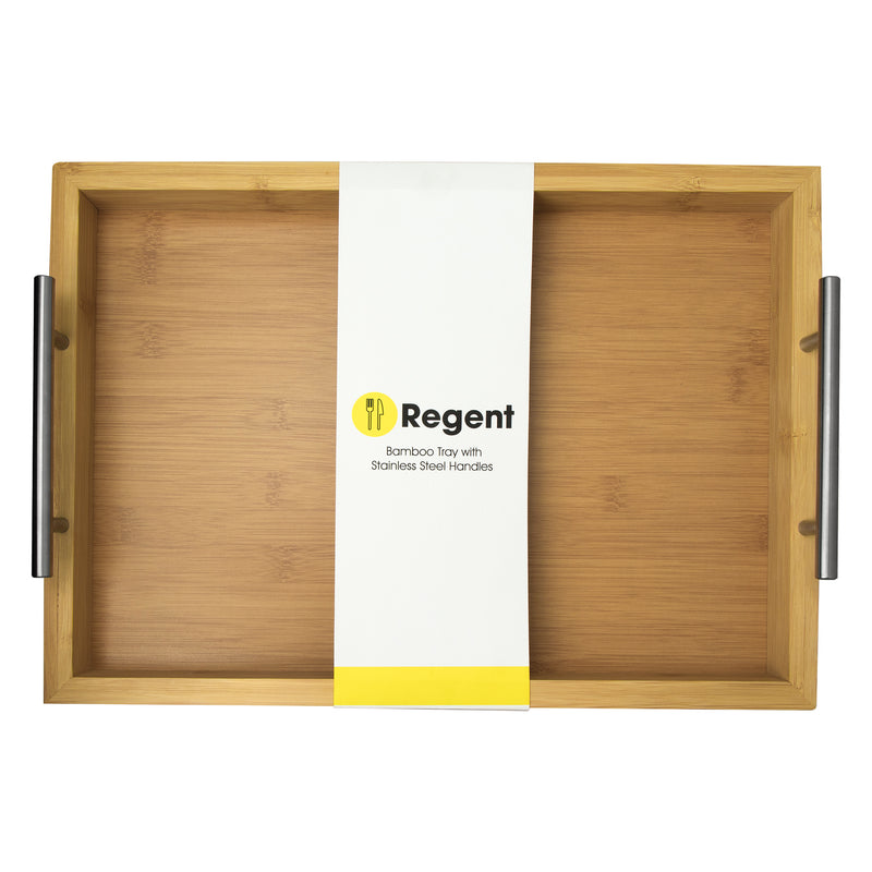 REGENT BAMBOO RECTANGULAR TRAY WITH ST STEEL HANDLES, 395X285MM