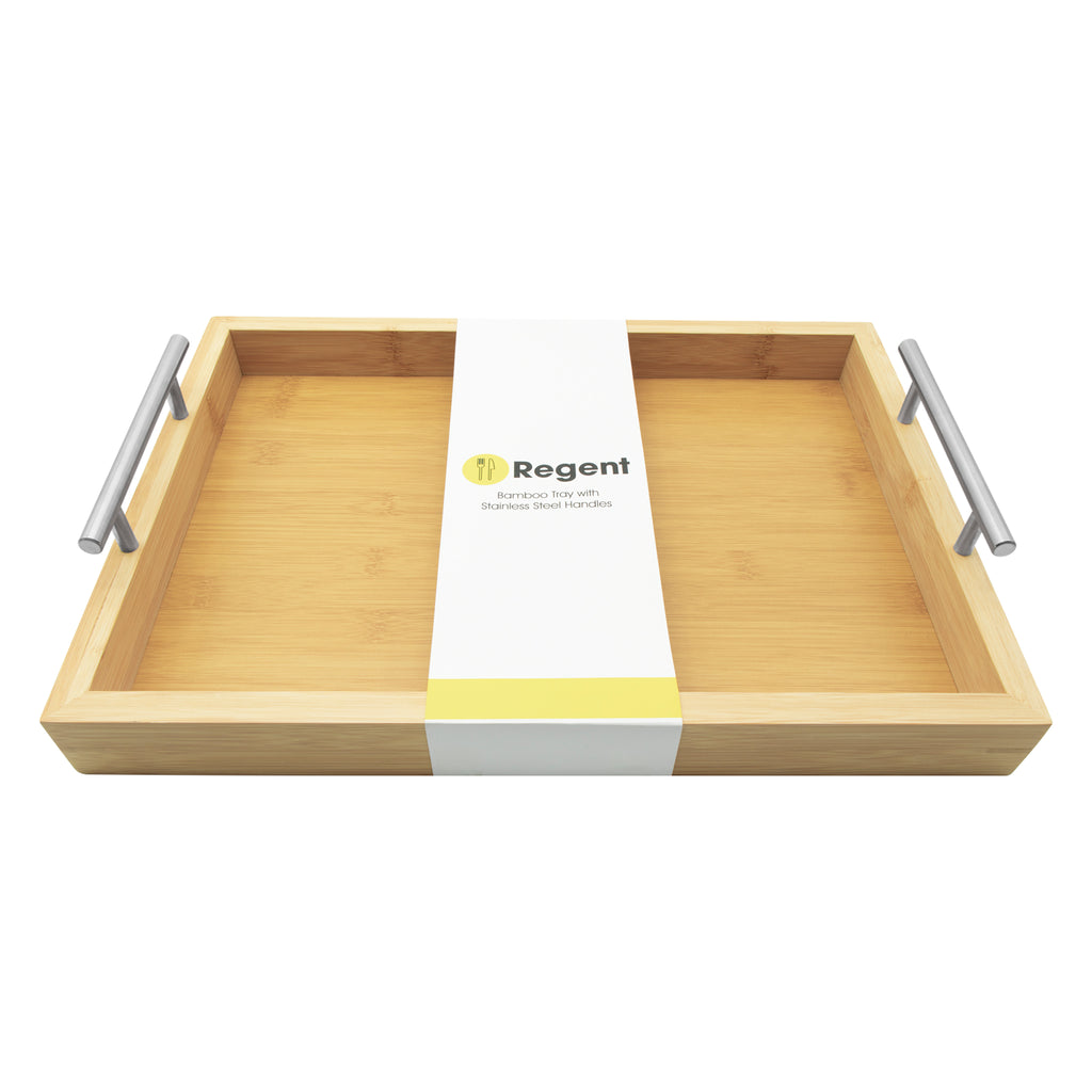 REGENT BAMBOO RECTANGULAR TRAY WITH ST STEEL HANDLES, 395X285MM