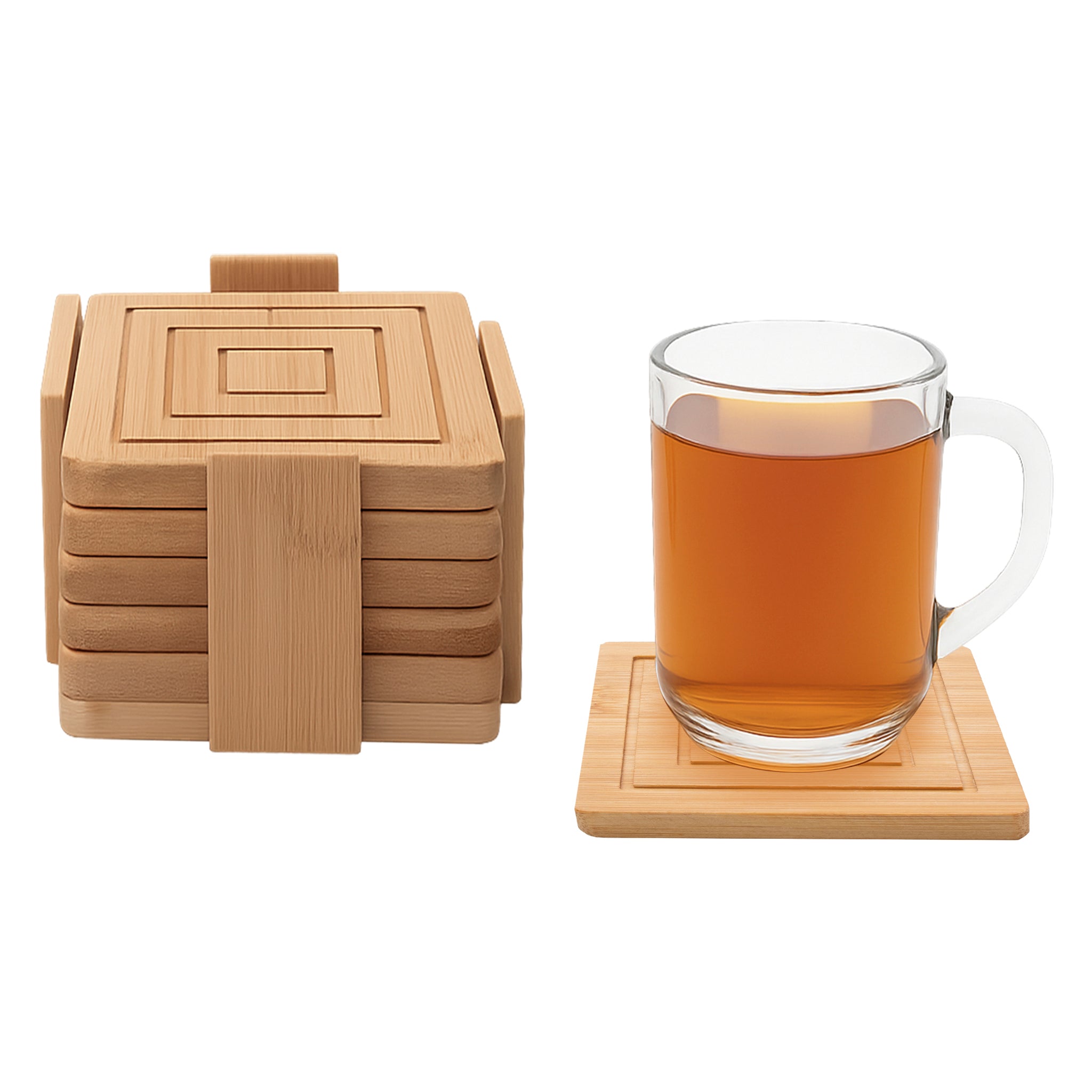 REGENT BAMBOO SQUARE COASTERS IN A HOLDER 7 PIECE SET, 100X100MM